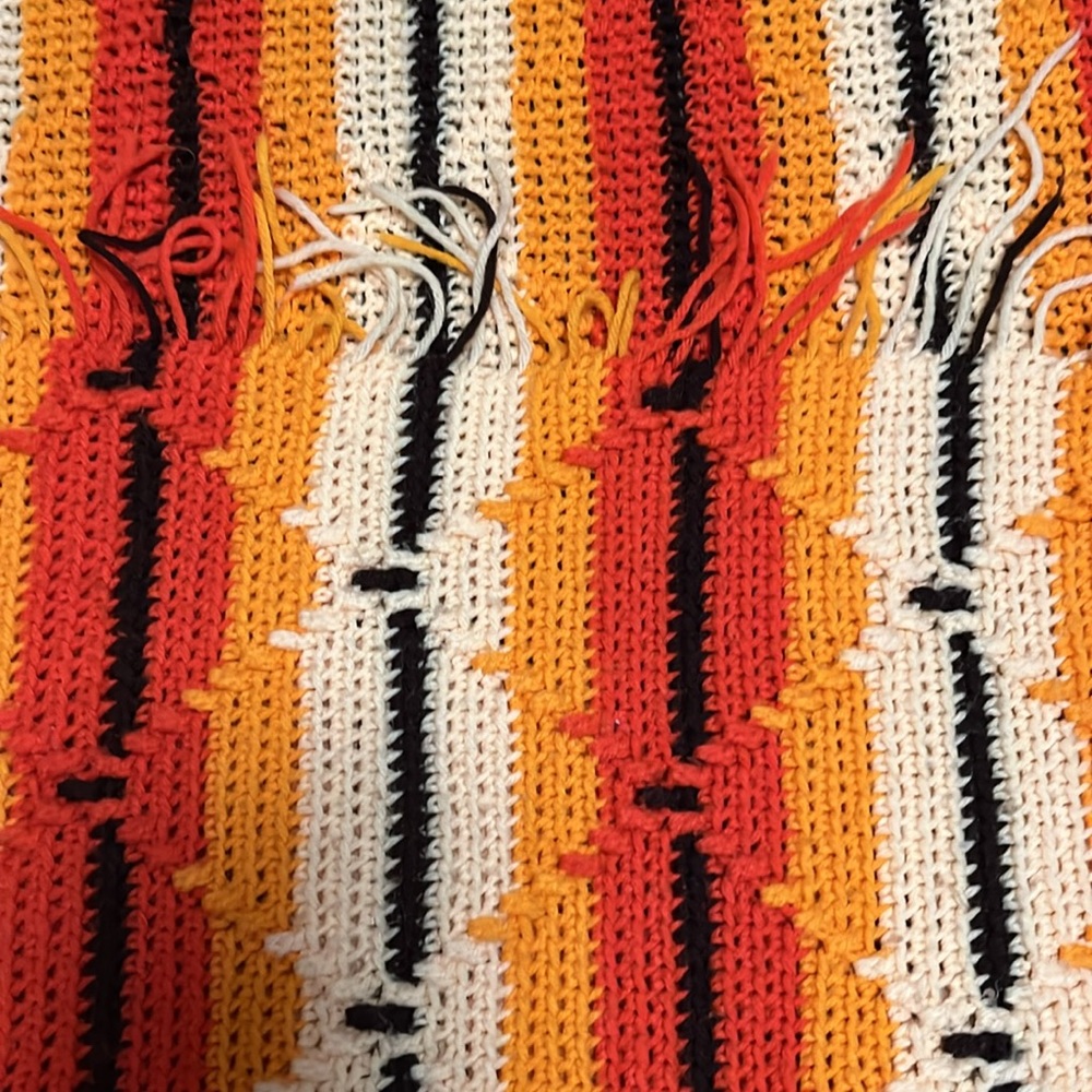 Vintage Afghan blanket  orange brown yellow fringed - Picture 7 of 9